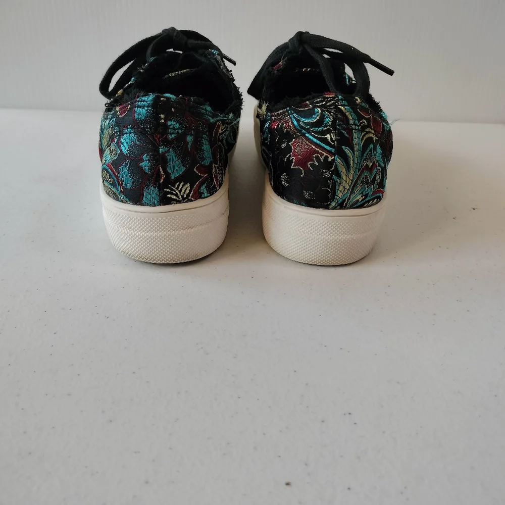 Rock & Candy Silky Black Floral Brocade Frayed Edges Sneakers 7 Goth Rock Artsy